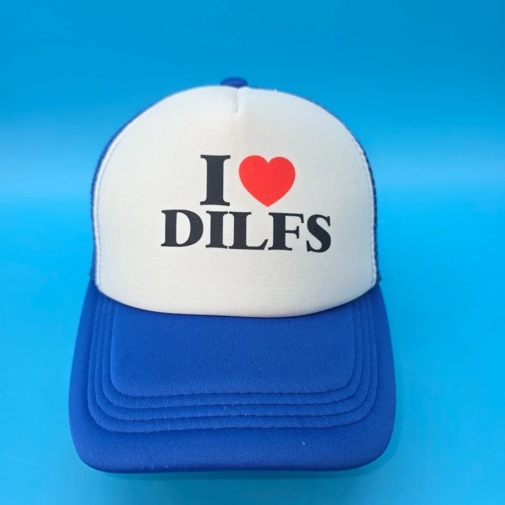 I Heart DILFS Trucker Hat Blue White Y2K Funny Graphic Snapback‎ Cap